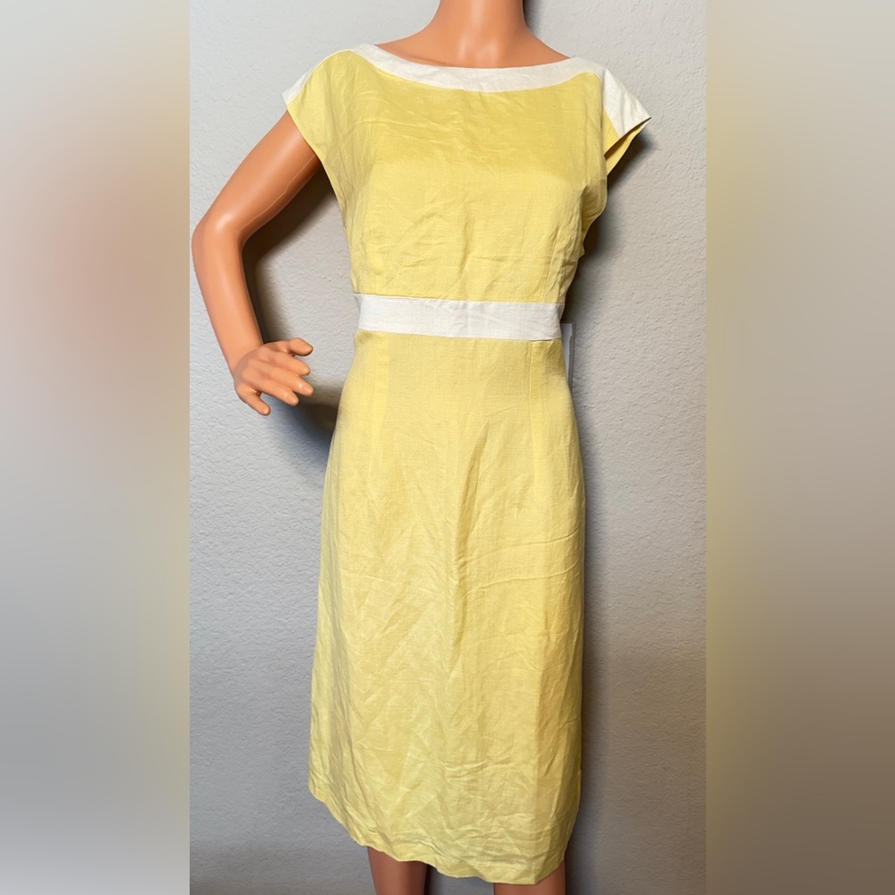 JGHOK Yellow Linen Blend Sheath Dress Women S Cap Sleeve White Trim Lined 41”